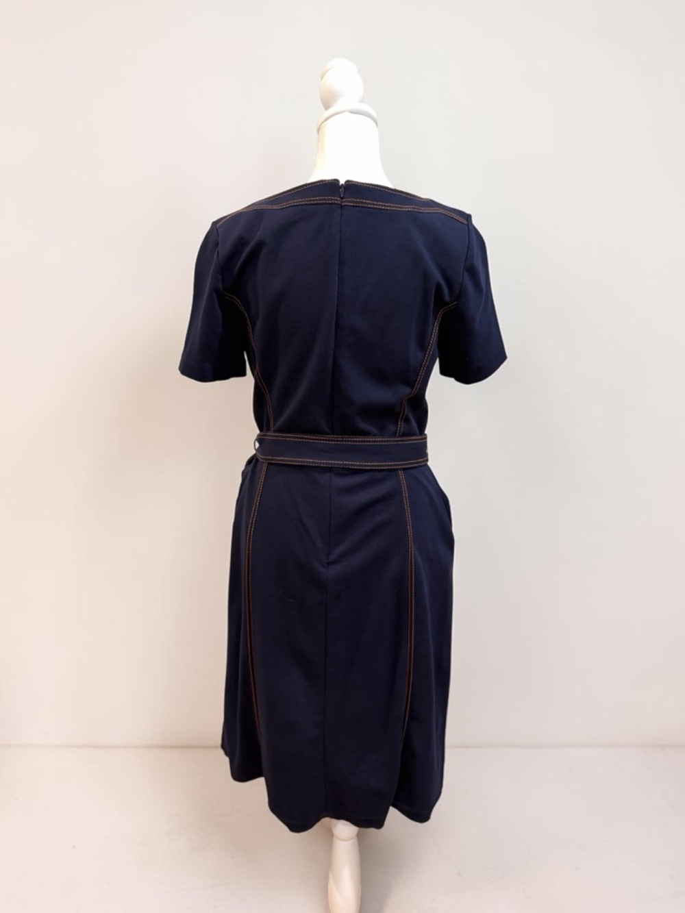 Boden Navy Blue Belted Midi Dress Size 8R Contrast Stitch Workwear - Picture 2 of 3